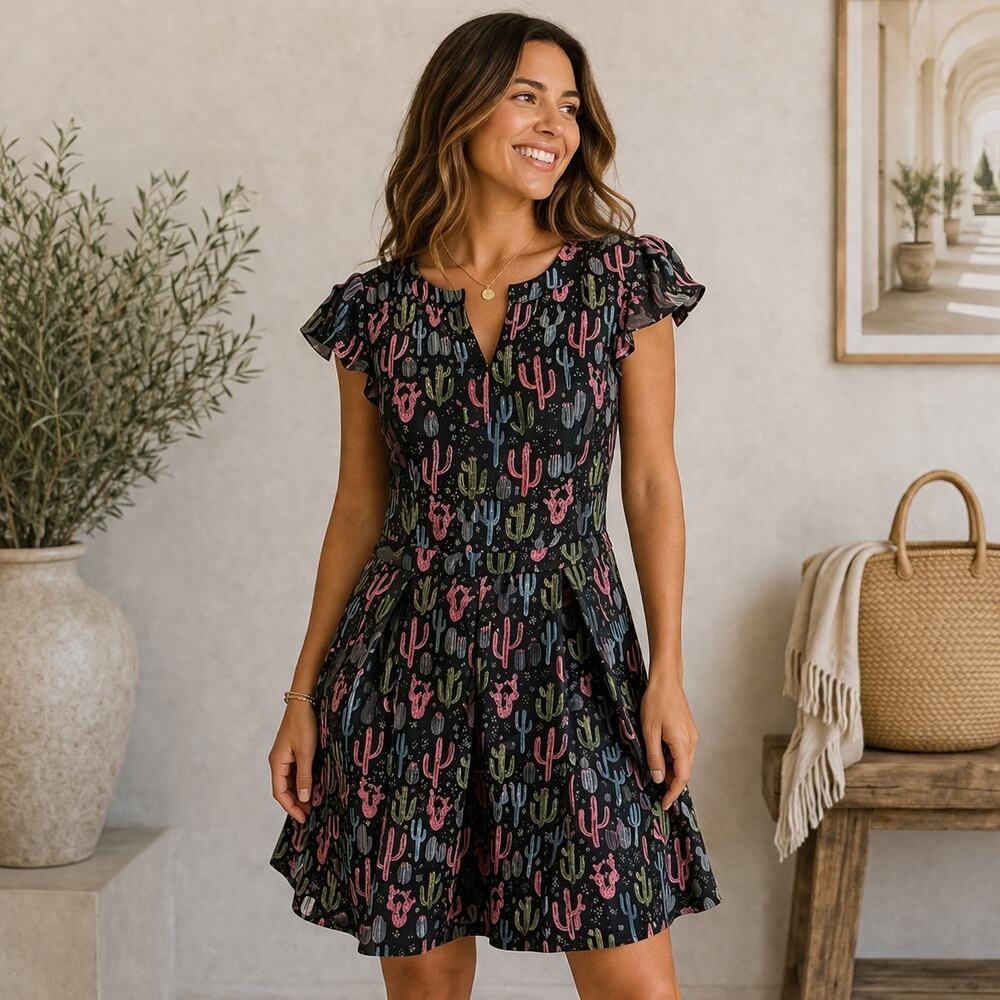Modcloth Black Cactus Print Fit & Flare Novelty Dress 6